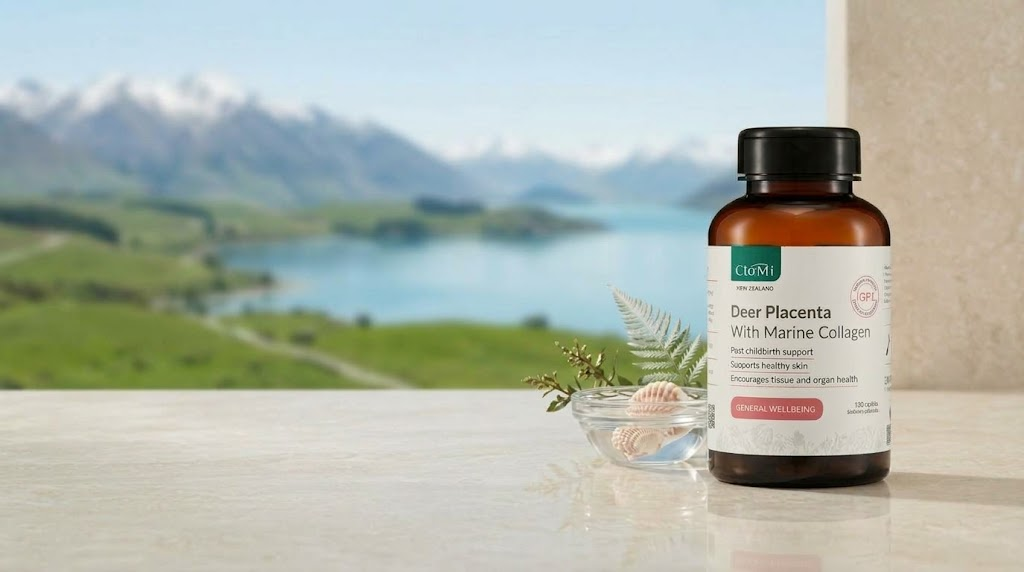 CtoMi Deer Placenta With Marine Collagen bottle on a stone slab with fern leaves, snow-capped mountains behind